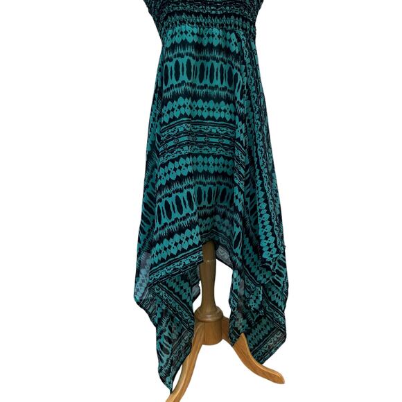 VTG Deb Y2K Dress Sz M Smocked Teal Black Handkerchief Hem Geometric Fairygrunge - Picture 3 of 12